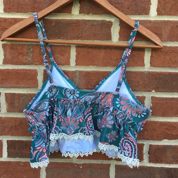 Cupshe 2pc Swimsuit Teal Green Floral Ruffle Top Boho Girlie - Picture 3 of 13